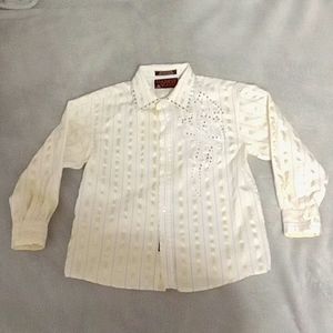 Child's button up long sleeve shirt size 6 with Christian cross and rhinestones.